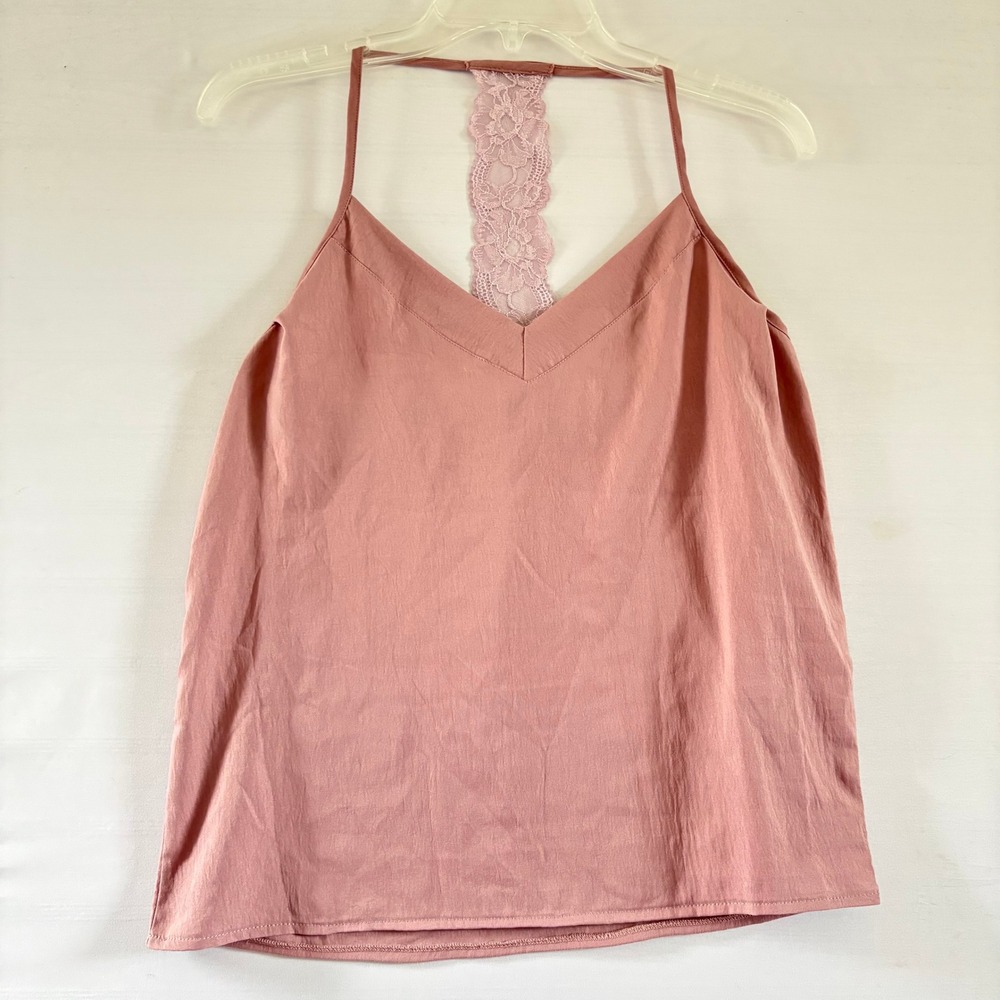 Women Dusty Rose Lace Racerback Camisole V-Neck Spaghetti Strap Tank Top Pink